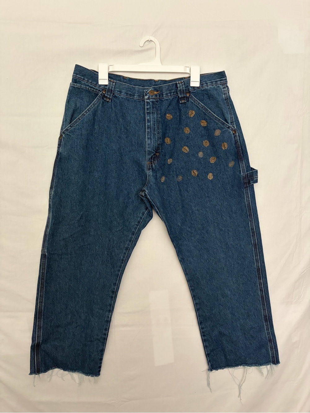 Custom Wrangler Mens 36x30 Coffee Bean Stamp Raw Hem Carpenter Jeans(A967)